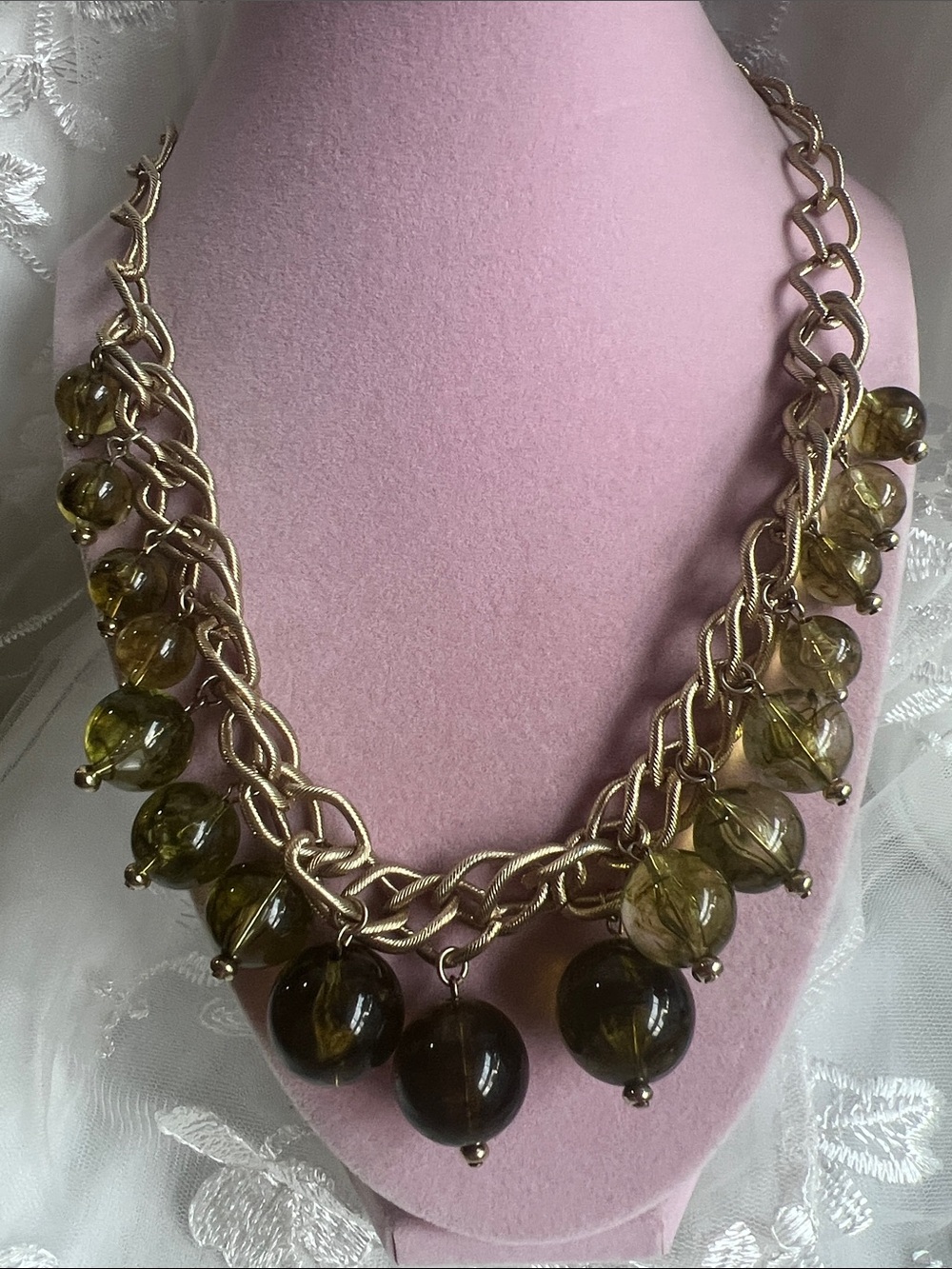 Vintage cascading olive green statement necklace